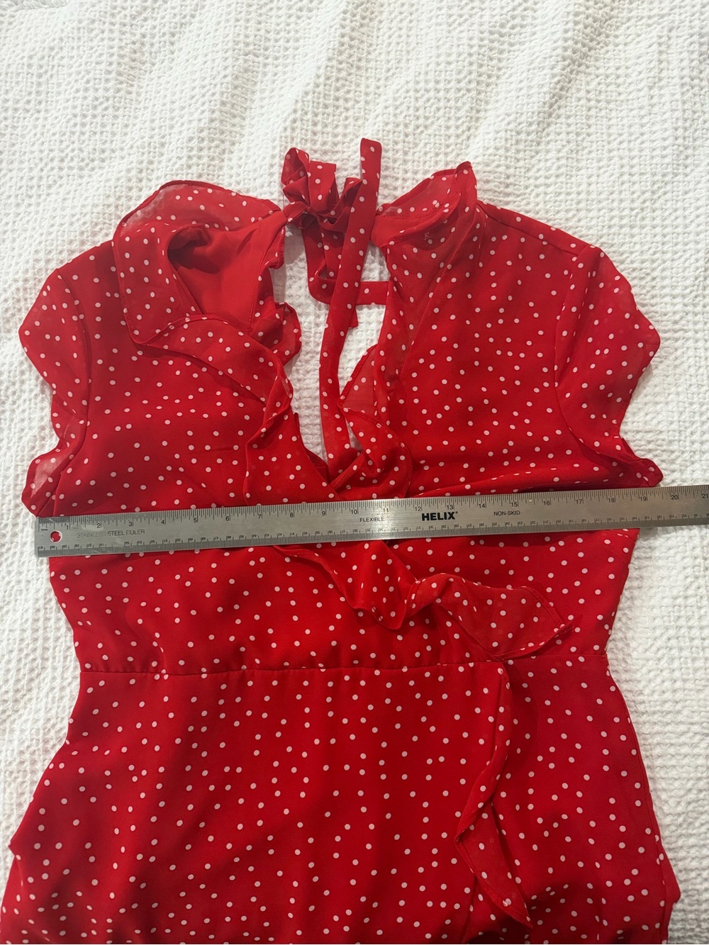 Red Polka Dot Ruffle Wrap Dress - Picture 10 of 11